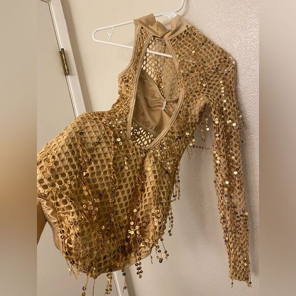 Kelle solo dance jazz acro costume gold fishnet fringe leotare SA-Small adult - Picture 7 of 12